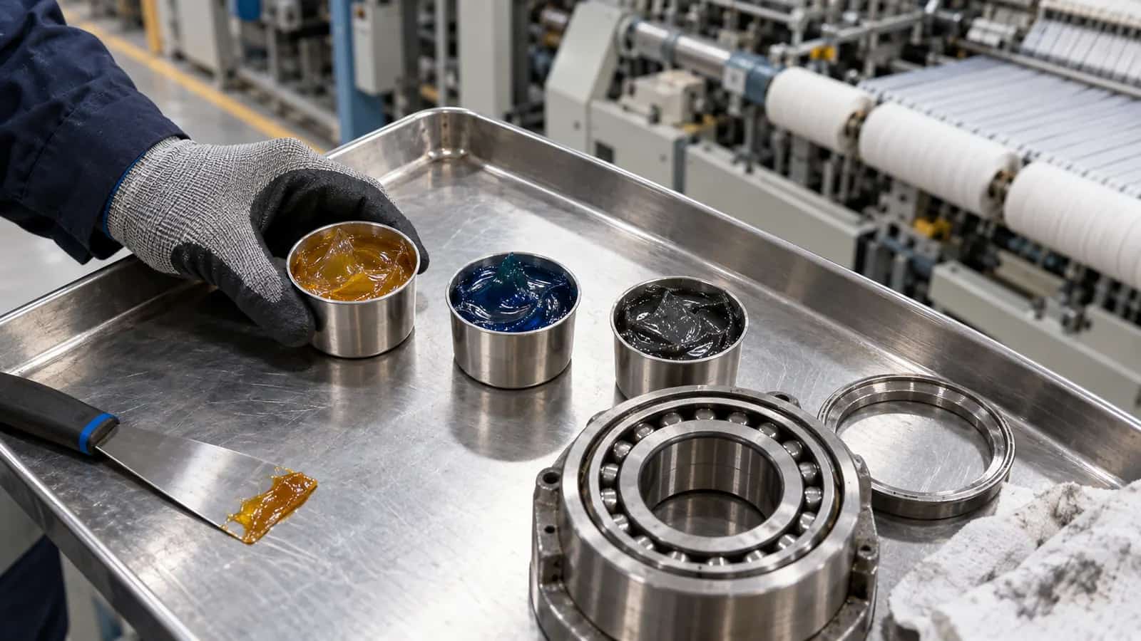 AI-generated illustration: grease samples in different colours and a bearing on an industrial maintenance bench