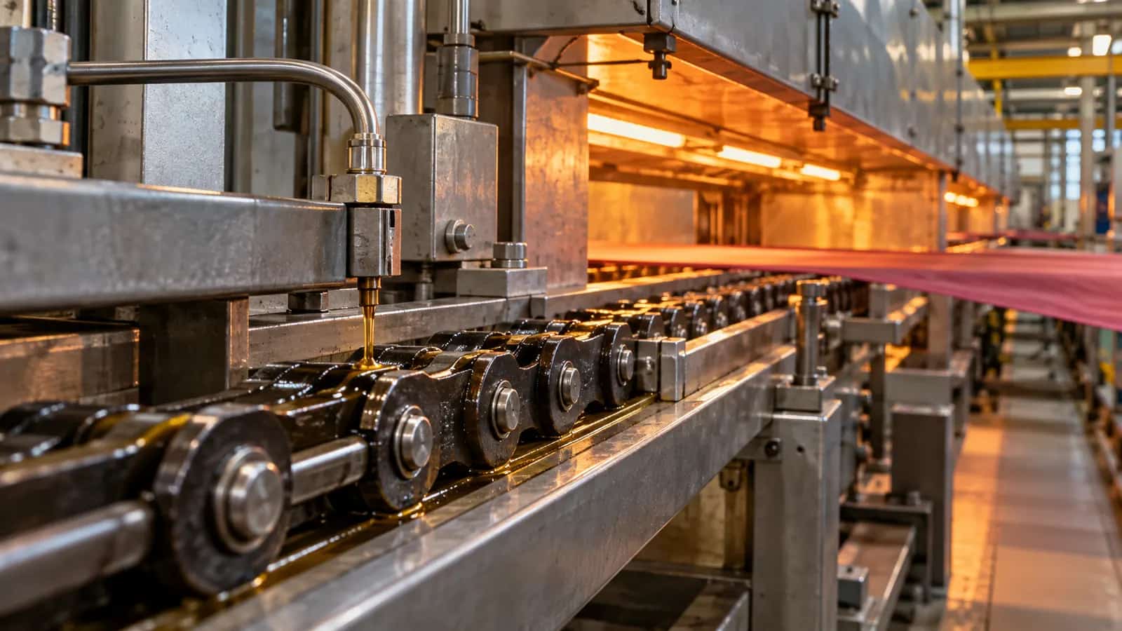 KI-generierte Illustration: Kette führt Textil durch die heiße Zone eines industriellen Trockners