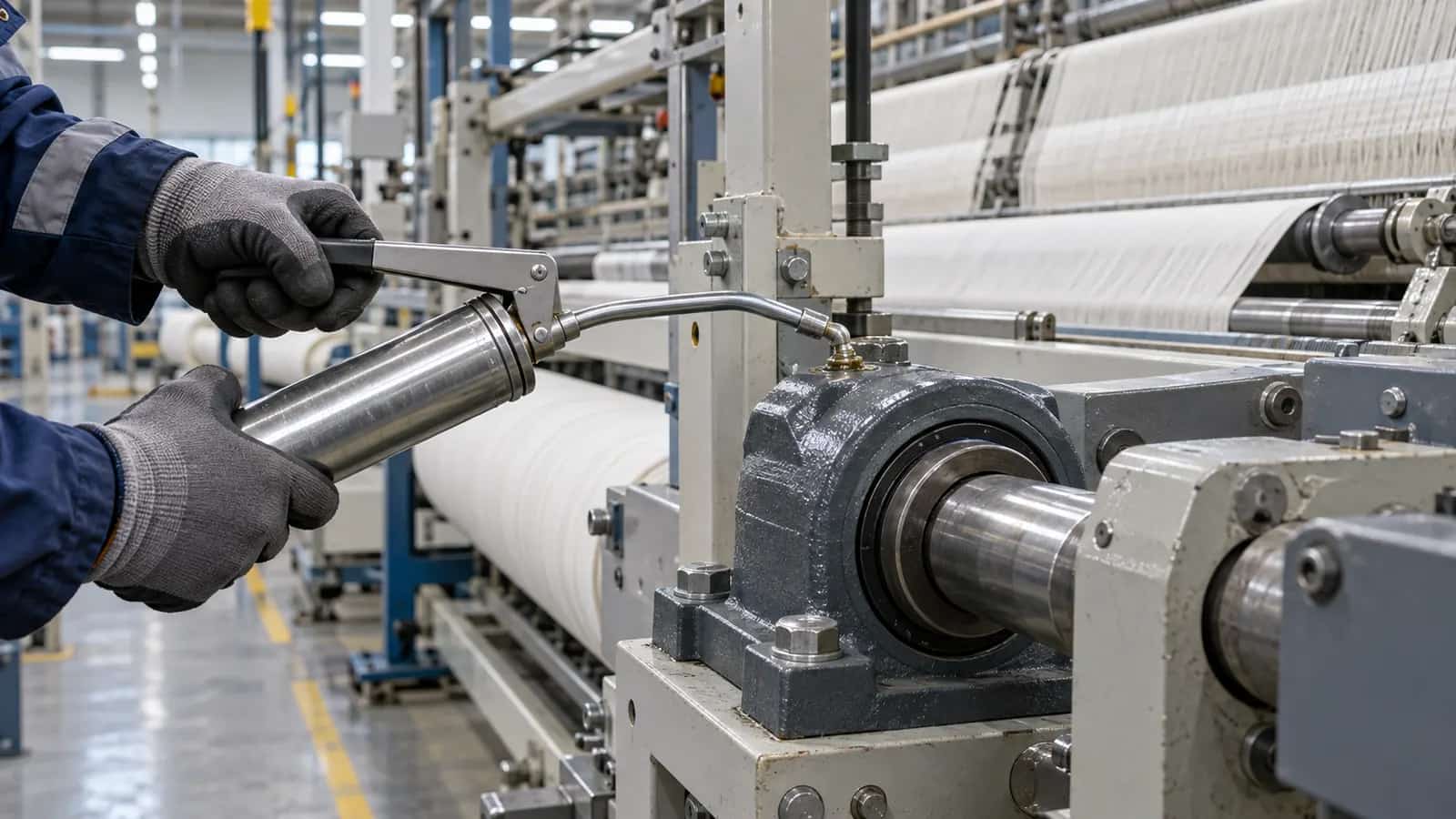 AI-generated illustration: bearing housing and lubrication point on industrial textile machinery