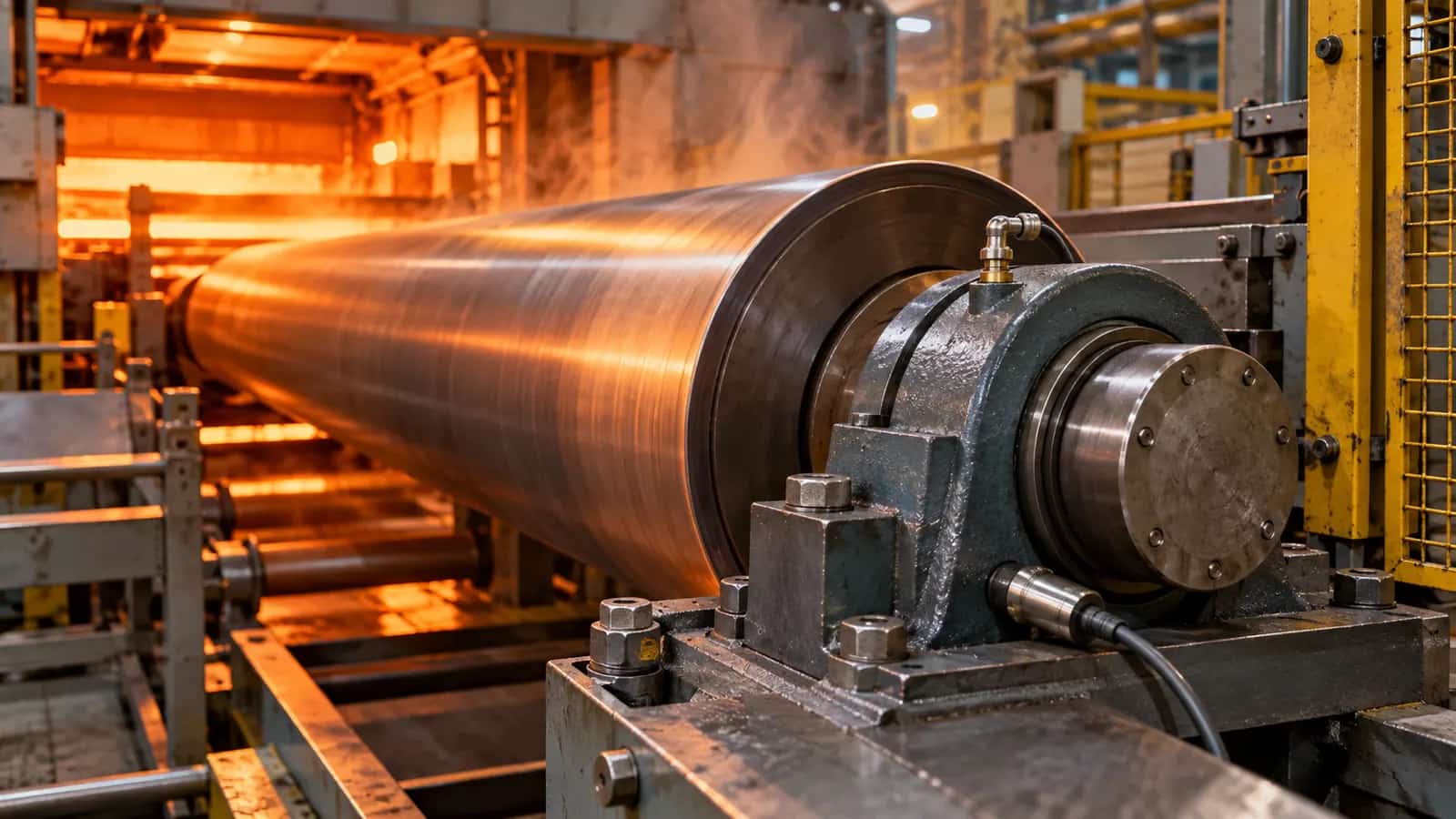 AI-generated illustration: bearing housing beside a hot roller in an industrial process line