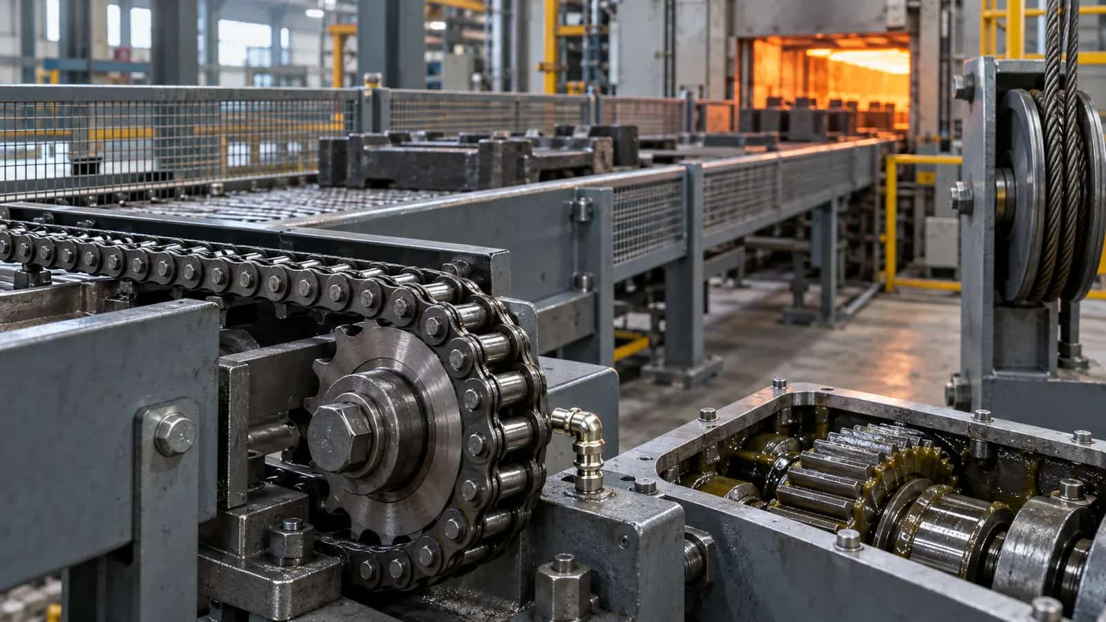 KI-generierte Illustration: Kette, Getriebe und Drahtseil an einer Industrielinie in Ofennähe