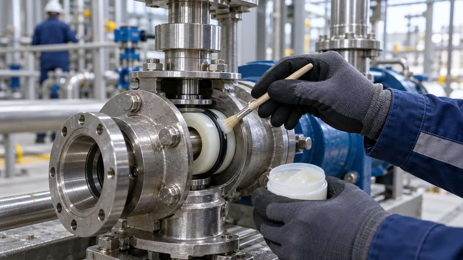 AI-generated illustration: applying silicone grease to an industrial valve seal