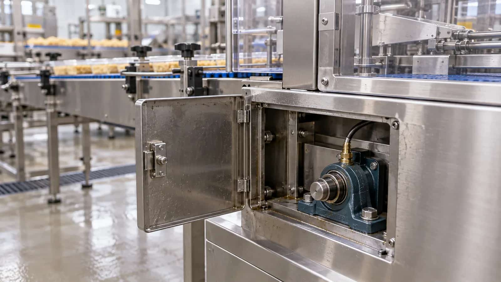 AI-generated illustration: lubrication point on a bearing housing inside a packaging machine in a food plant