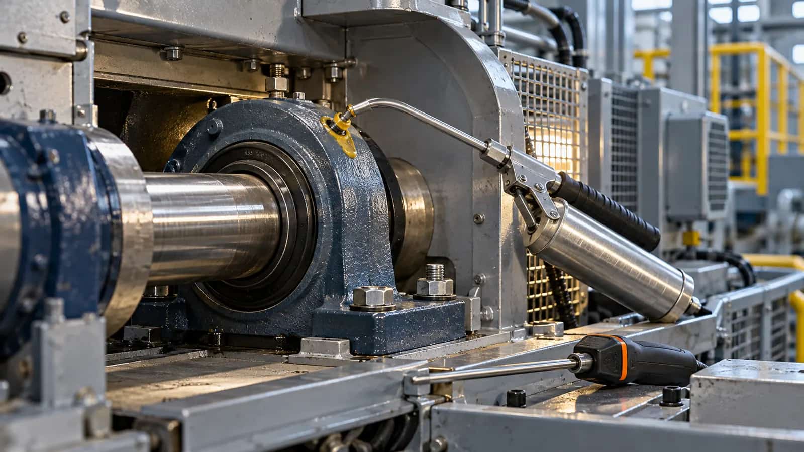 AI-generated illustration: rolling bearing in an industrial housing during a lubrication-point inspection