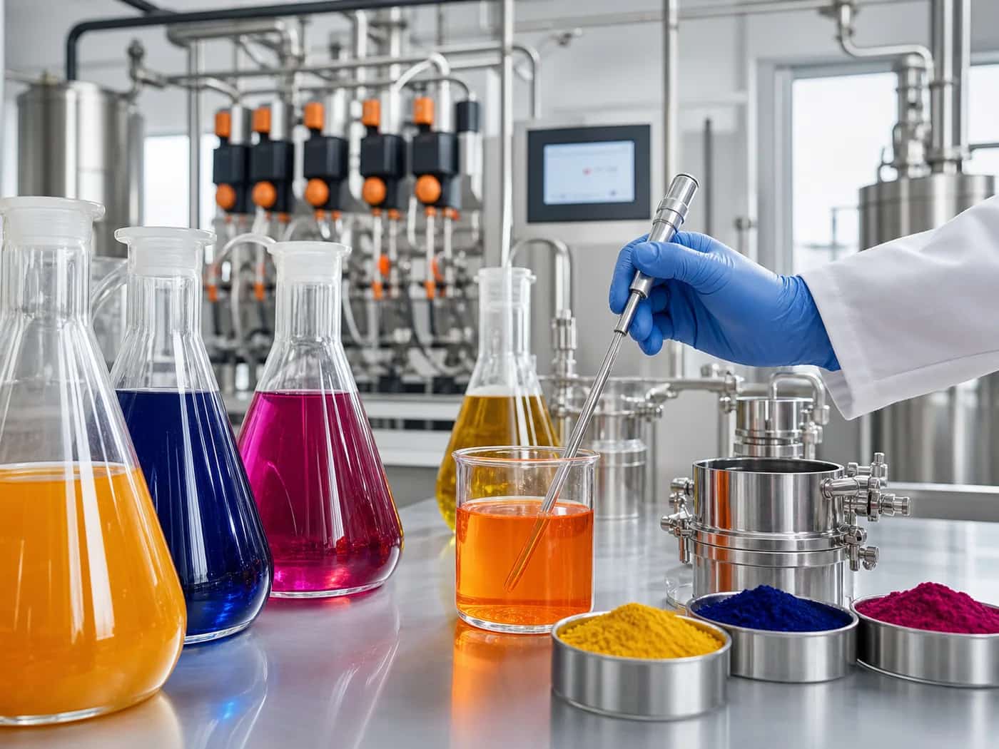 Laboratorium barwiarskie przygotowujące próbę środków pomocniczych