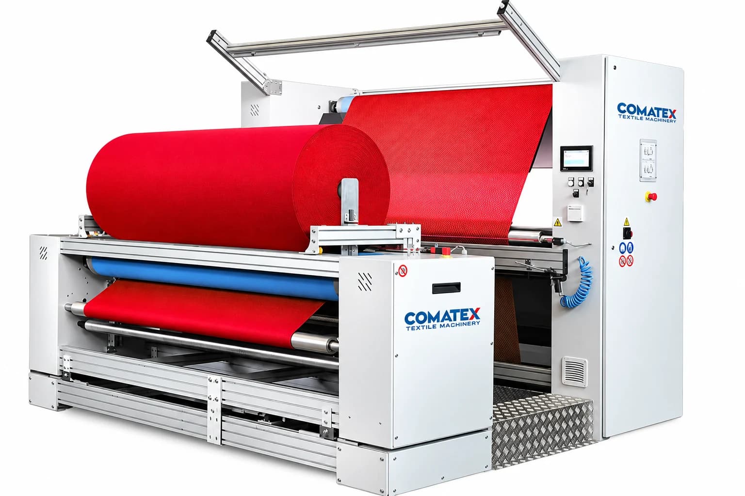 Comatex-Maschine mit rotem Stoff, der für die Produktion vorbereitet wird
