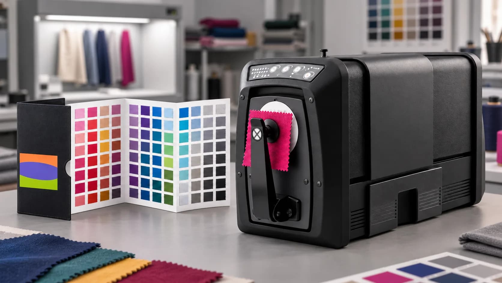 Spektrofotometr X-Rite z próbką tkaniny i wzornikiem Pantone FHI